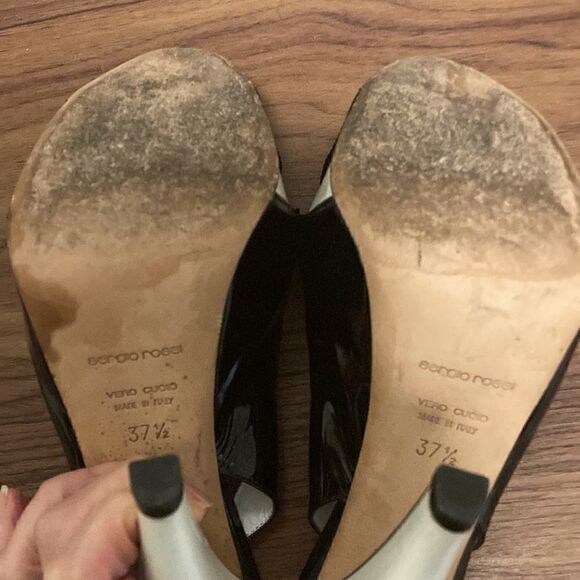 Sergio Rossi Black & White Patent Leather Open Toe Slingback Shoes.  Size 37.5. - Picture 8 of 11